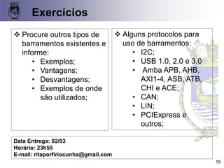 Exercícios
78
❖ Procure outros tipos de
barramentos existentes e
informe:
• Exemplos;
• Vantagens;
• Desvantagens;
• Exemplos de onde
são utilizados;
❖ Alguns protocolos para
uso de barramentos:
• I2C;
• USB 1.0, 2.0 e 3.0
• Amba APB, AHB,
AXI1-4, ASB, ATB,
CHI e ACE;
• CAN;
• LIN;
• PCIExpress e
outros;
Data Entrega: 02/03
Horário: 23h55
E-mail: ritaporfiriocunha@gmail.com
 