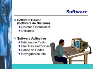 Software Software Básico (Software do Sistema) Sistema Operacional Utilitários Software Aplicativo Editores de Texto Planilhas eletrônicas Banco de Dados Navegadores, etc. 