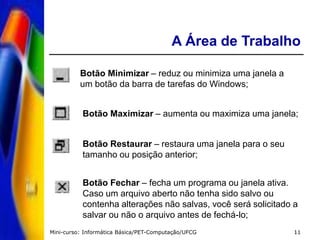 Mini-curso: Informática Básica/PET-Computação/UFCG 11
A Área de Trabalho
Botão Minimizar – reduz ou minimiza uma janela a
um botão da barra de tarefas do Windows;
Botão Maximizar – aumenta ou maximiza uma janela;
Botão Restaurar – restaura uma janela para o seu
tamanho ou posição anterior;
Botão Fechar – fecha um programa ou janela ativa.
Caso um arquivo aberto não tenha sido salvo ou
contenha alterações não salvas, você será solicitado a
salvar ou não o arquivo antes de fechá-lo;
 