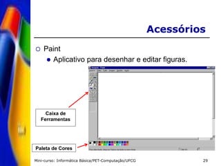 Mini-curso: Informática Básica/PET-Computação/UFCG 29
Acessórios
 Paint
 Aplicativo para desenhar e editar figuras.
Paleta de Cores
Caixa de
Ferramentas
 