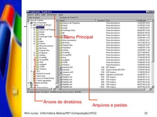 Mini-curso: Informática Básica/PET-Computação/UFCG 32
Arquivos e pastas
Árvore de diretórios
Menu Principal
 