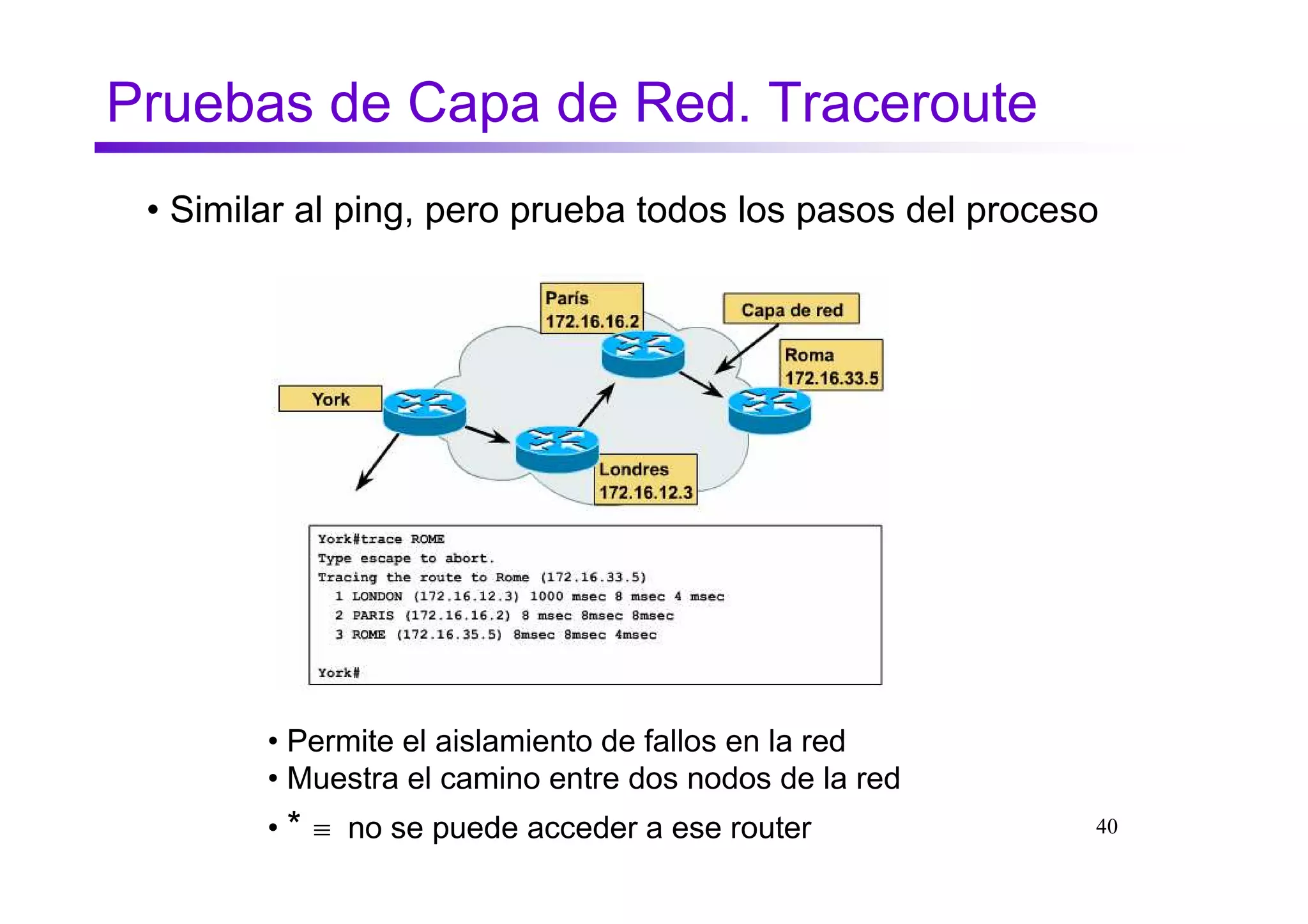 Pruebas de Capa de Red. Traceroute
 • Similar al ping, pero prueba todos los pasos del proceso




        • Permite el aislamiento de fallos en la red
        • Muestra el camino entre dos nodos de la red
        • * ≡ no se puede acceder a ese router            40
 