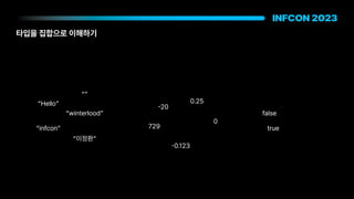 타입을 집합으로 이해하기
Hello
infcon
winterlood
이정환
true
false
-
20
729
0.25
-
0.123
0
 
