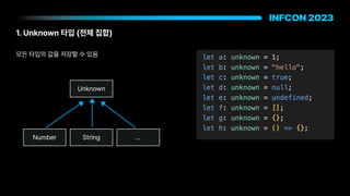 1. Unknown 타입 전체 집합
모든 타입의 값을 저장할 수 있음
Unknown
Number String …
 