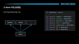 2. Never 타입 공집합
Number String …
Never
모든 타입의 변수에 저장 가능
 