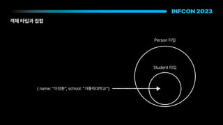 객체 타입과 집합
Person 타입
Student 타입
name: 이정환 , school: 가톨릭대학교
 