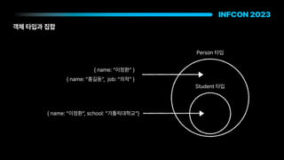 객체 타입과 집합
name: 이정환
name: 홍길동 , job: 의적
Person 타입
Student 타입
name: 이정환 , school: 가톨릭대학교
 
