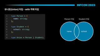 유니온 Union 타입 with 객체 타입
Person 타입 Student 타입
name school
 
