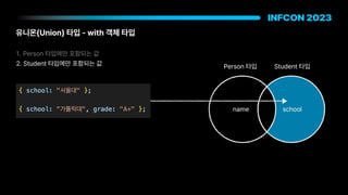 유니온 Union 타입 with 객체 타입
Person 타입 Student 타입
1. Person 타입에만 포함되는 값
2. Student 타입에만 포함되는 값
name school
 