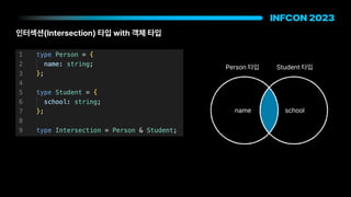인터섹션 Intersection 타입 with 객체 타입
Person 타입 Student 타입
name school
 