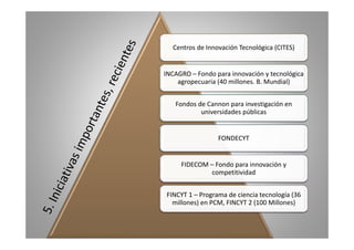Centros de Innovación Tecnológica (CITES) 
INCAGRO – Fondo para innovación y tecnológica 
agropecuaria (40 millones. B. Mundial) 
Fondos de Cannon para investigación en 
universidades públicas 
FONDECYT 
FIDECOM – Fondo para innovación y 
competitividad 
FINCYT 1 – Programa de ciencia tecnología (36 
millones) en PCM, FINCYT 2 (100 Millones) 
 