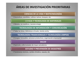 ÁREAS DE INVESTIGACIÓN PRIORITARIAS 
CIENCIAS DE LA VIDA Y BIOTECNOLOGÍAS 
• Acuicultura, camélidos, cultivos nativos, bosques, etc. 
CIENCIA Y TECNOLOGÍA DE MATERIALES 
• Metales, no metálicos, nanotecnología 
TECNOLOGÍAS DE INFORMACIÓN Y COMUNICACIÓN 
• Todas las áreas, bibliotecas virtuales, banda ancha, 
TECNOLOGÍAS TRADICIONALES Y TECNOLOGÍAS LIMPIAS 
• Energías renovables, procesos productivos, organización empresarial 
SALUD 
• Nutrición, enfermedades de mayor prevalencia 
ESTUDIO Y PREVENSIÓN DE DESASTRES 
• Fenómenos sísmicos, cambio climático, sequías, etc. 
 