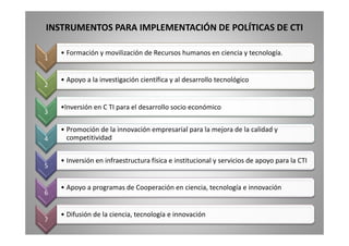 INSTRUMENTOS PARA IMPLEMENTACIÓN DE POLÍTICAS DE CTI 
1 
• Formación y movilización de Recursos humanos en ciencia y tecnología. 
2 
• Apoyo a la investigación científica y al desarrollo tecnológico 
3 •Inversión en C TI para el desarrollo socio económico 
4 
• Promoción de la innovación empresarial para la mejora de la calidad y 
competitividad 
5 
• Inversión en infraestructura física e institucional y servicios de apoyo para la CTI 
6 
• Apoyo a programas de Cooperación en ciencia, tecnología e innovación 
7 
• Difusión de la ciencia, tecnología e innovación 
 
