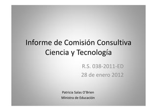 Informe de Comisión Consultiva 
Ciencia y Tecnología 
R.S. 038‐2011‐ED 
28 de enero 2012 
Patricia Salas O’Brien 
Ministra de Educación 
 
