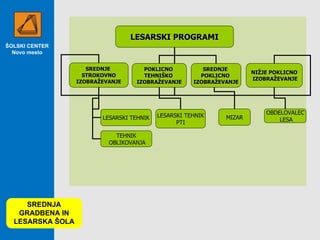 ŠOLSKI CENTER Novo mesto SREDNJA GRADBENA IN LESARSKA ŠOLA LESARSKI PROGRAMI SREDNJE  STROKOVNO IZOBRAŽEVANJE POKLICNO  TEHNIŠKO  IZOBRAŽEVANJE SREDNJE  POKLICNO  IZOBRAŽEVANJE NIŽJE POKLICNO IZOBRAŽEVANJE LESARSKI TEHNIK TEHNIK OBLIKOVANJA LESARSKI TEHNIK PTI MIZAR OBDELOVALEC LESA 