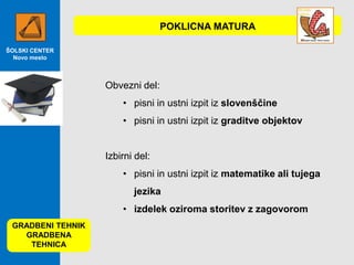 POKLICNA MATURA
ŠOLSKI CENTER
Novo mesto

Obvezni del:

• pisni in ustni izpit iz slovenščine
• pisni in ustni izpit iz graditve objektov

Izbirni del:
• pisni in ustni izpit iz matematike ali tujega
jezika
• izdelek oziroma storitev z zagovorom
GRADBENI TEHNIK
GRADBENA
TEHNICA

 