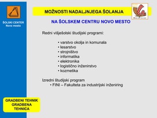 MOŢNOSTI NADALJNJEGA ŠOLANJA
ŠOLSKI CENTER
Novo mesto

NA ŠOLSKEM CENTRU NOVO MESTO
Redni višješolski študijski programi:
• varstvo okolja in komunala
• lesarstvo
• strojništvo
• informatika
• elektronika
• logistično inženirstvo
• kozmetika
Izredni študijski program
• FINI – Fakulteta za industrijski inženiring

GRADBENI TEHNIK
GRADBENA
TEHNICA

 