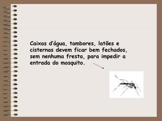 Caixas d’água, tambores, latões e cisternas devem ficar bem fechados, sem nenhuma fresta, para impedir a entrada do mosquito. 
