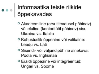 Informaatika teiste riikide
õppekavades
 Akadeemiline (arvutiteadusel põhinev)
või eluline (kontoritööl põhinev) sisu:
Ukraina vs. Itaalia
 Kohustuslik õppeaine või valikaine:
Leedu vs. Läti
 Sisendi- või väljundipõhine ainekava:
Poola vs. Inglismaa
 Eraldi õppeaine või integreeritud:
Ungari vs. Soome
 