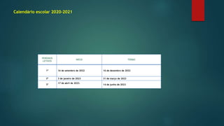 Calendário escolar 2020-2021
PERÍODOS
LETIVOS
INÍCIO TERMO
1º 16 de setembro de 2022 16 de dezembro de 2022
2º 3 de janeiro de 2023 31 de março de 2023
3º
17 de abril de 2023.
14 de junho de 2023
 
