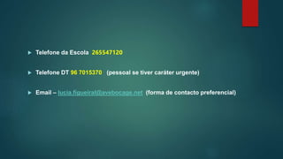  Telefone da Escola 265547120
 Telefone DT 96 7015370 (pessoal se tiver caráter urgente)
 Email – lucia.figueiral@avebocage.net (forma de contacto preferencial)
 