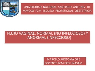 UNIVERSIDAD NACIONAL SANTIAGO ANTUNEZ DE
MAYOLO FCM ESCUELA PROFESIONAL OBSTETRICIA
FLUJO VAGINAL: NORMAL (NO INFECCIOSO) Y
ANORMAL (INFECCIOSO)
MARCELO AROTOMA ORE
DOCENTE FCM EPO UNASAM
 