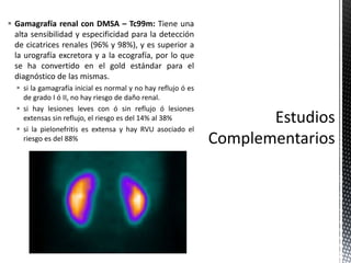  Gamagrafía renal con DMSA – Tc99m: Tiene una
alta sensibilidad y especificidad para la detección
de cicatrices renales (...