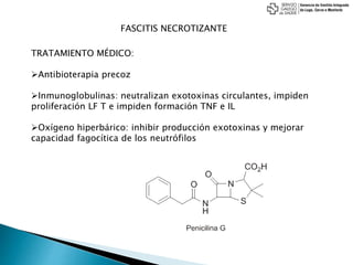 FASCITIS NECROTIZANTE
TRATAMIENTO MÉDICO:
Antibioterapia precoz
Inmunoglobulinas: neutralizan exotoxinas circulantes, impiden
proliferación LF T e impiden formación TNF e IL
Oxígeno hiperbárico: inhibir producción exotoxinas y mejorar
capacidad fagocítica de los neutrófilos
 