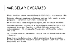 VARICELA Y EMBARAZO
•Primer trimestre, aborto, transmisión vertical 24% (RCIU y prematuridad 14%)
•Infección más grave es periparto. Infección materna 5 días previos al parto,
porque no se transmiten pasivamente títulos de Igs
•En infección hasta 4 semanas previas al parto, 50% RN estarán infectados.
•Síndrome de varicela congénita: 0.91% paciente con primoinfección en <20
semanas de gestación. Cicatrices en piel 40-70%, acortamiento de
extremidades en 40%, microcefalia, RM, cataratas o hidrocefalia hasta en
40% casos.
Dx: clínica característica, se confirma con IgM. Feto con amniocentesis ADN
viral por PCR
•Ecográficamente el diagnostico es difícil: acortamiento de extremidades,
lesiones cerebrales más frecuentes. Se ven después de 5 semanas desde el
diagnostico de la madre.
 