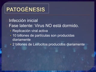 Infección inicial
Fase latente: Virus NO está dormido.
• Replicación viral activa
• 10 billones de partículas son producidas
diariamente
• 2 billones de Linfocitos producidos diariamente
 
