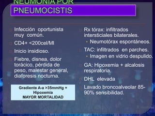Infección oportunista
muy común.
CD4+ <200cel/Ml
Inicio insidioso.
Fiebre, disnea, dolor
torácico, pérdida de
peso, malestar general,
diaforesis nocturna.
Rx tórax: infiltrados
intersticiales bilaterales.
• Neumotórax espontáneos.
TAC: infiltrados en parches.
• Imagen en vidrio despulido.
GA: Hipoxemia + alcalosis
respiratoria.
DHL elevada
Lavado broncoalveolar 85-
90% sensibilidad.
 