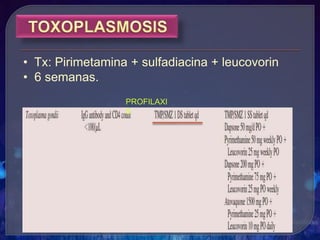 • Tx: Pirimetamina + sulfadiacina + leucovorin
• 6 semanas.
PROFILAXI
S
 