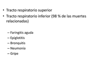 Tracto respiratorio superiorTracto respiratorio inferior (98 % de las muertes relacionadas)Faringitis agudaEpiglotitisBronquitisNeumoníaGripe