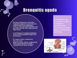 Bronquitis agudaProceso inflamatorio del árbol traqueobronquial en pacientes sin enfermedad broncopulmonar crónica, asociada generalmente con una infección de vías respiratorias superiores.La etiología es fundamentalmente viral y en una pequeña proporción bacteriana.El cuadro clínico consiste en tos, con o sin expectoración, fiebre, exploración física generalmente normal, y radiografía de tórax normal.El tratamiento es sintomático y sólo si se sospecha sobreinfección bacteriana se deben añadir eritromicina o penicilinas.