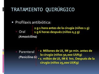 TRATAMIENTO QUIRÚRGICO
 Profilaxis antibiótica:
 Oral
(Amoxicilina)
 Parenteral
(Penicilina G)
2 g 1 hora antes de la cirugía (niños 1 g)
1 g 6 horas después (niños 0,5 g)
• 2 Millones de UI, IM 30 min. antes de
la cirugía (niños 50,000 UI/Kg)
• 1 millón de UI, IM 6 hrs. Después de la
cirugía (niños 25,000 UI/Kg)
 