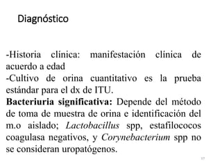Diagnóstico
17
-Historia clínica: manifestación clínica de
acuerdo a edad
-Cultivo de orina cuantitativo es la prueba
estándar para el dx de ITU.
Bacteriuria significativa: Depende del método
de toma de muestra de orina e identificación del
m.o aislado; Lactobacillus spp, estafilococos
coagulasa negativos, y Corynebacterium spp no
se consideran uropatógenos.
 