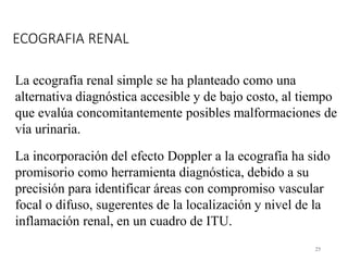 ECOGRAFIA RENAL
25
La ecografía renal simple se ha planteado como una
alternativa diagnóstica accesible y de bajo costo, al tiempo
que evalúa concomitantemente posibles malformaciones de
vía urinaria.
La incorporación del efecto Doppler a la ecografía ha sido
promisorio como herramienta diagnóstica, debido a su
precisión para identificar áreas con compromiso vascular
focal o difuso, sugerentes de la localización y nivel de la
inflamación renal, en un cuadro de ITU.
 