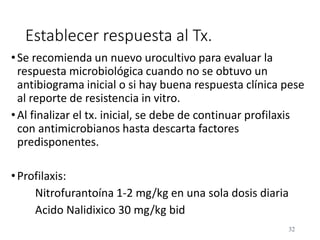 Establecer respuesta al Tx.
•Se recomienda un nuevo urocultivo para evaluar la
respuesta microbiológica cuando no se obtuvo un
antibiograma inicial o si hay buena respuesta clínica pese
al reporte de resistencia in vitro.
•Al finalizar el tx. inicial, se debe de continuar profilaxis
con antimicrobianos hasta descarta factores
predisponentes.
•Profilaxis:
Nitrofurantoína 1-2 mg/kg en una sola dosis diaria
Acido Nalidixico 30 mg/kg bid
32
 