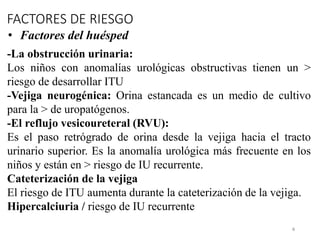 FACTORES DE RIESGO
6
-La obstrucción urinaria:
Los niños con anomalías urológicas obstructivas tienen un >
riesgo de desarrollar ITU
-Vejiga neurogénica: Orina estancada es un medio de cultivo
para la > de uropatógenos.
-El reflujo vesicoureteral (RVU):
Es el paso retrógrado de orina desde la vejiga hacia el tracto
urinario superior. Es la anomalía urológica más frecuente en los
niños y están en > riesgo de IU recurrente.
Cateterización de la vejiga
El riesgo de ITU aumenta durante la cateterización de la vejiga.
Hipercalciuria / riesgo de IU recurrente
• Factores del huésped
 