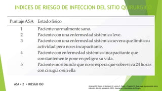 INDICES DE RIESGO DE INFECCION DEL SITIO QUIRURGICO
Jiménez M, Moore J, Quintero G, Lerma C, Nieto J, Fajardo R. Guía para la prevención de la
infección del sitio operatorio (ISO). Asociación Colombiana de Cirugía.
ASA > 2 > RIESGO ISO
 