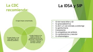 La CDC
recomienda:
Cirugía limpia contaminada.
Cirugía limpia en los
órganos donde las
consecuencias de una
IHQ serían catastróficas
(corazón, sistema
nervioso central).
Cirugía limpia, si se
deja algún tipo de
material protésico.
La IDSA y SIP
• CX de tracto biliar y GI
• Cx ginecoobstetrica
• Cx de C y C con entrada a orofaringe
• Cx geniturinaria
• Craneotomía
• Cx ortopédicas con prótesis
• Cx cardiotorácica y vascular
• Cx oftalmológica
 