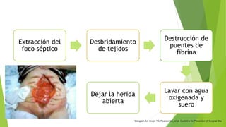 Extracción del
foco séptico
Desbridamiento
de tejidos
Destrucción de
puentes de
fibrina
Lavar con agua
oxigenada y
suero
Dejar la herida
abierta
Mangram AJ, Horan TC, Pearson ML, et al. Guideline for Prevention of Surgical Site
 