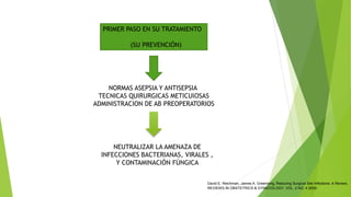 PRIMER PASO EN SU TRATAMIENTO
(SU PREVENCIÓN)
NORMAS ASEPSIA Y ANTISEPSIA
TECNICAS QUIRURGICAS METICUlOSAS
ADMINISTRACION DE AB PREOPERATORIOS
NEUTRALIZAR LA AMENAZA DE
INFECCIONES BACTERIANAS, VIRALES ,
Y CONTAMINACIÓN FÚNGICA
David E. Reichman, James A. Greenberg, Reducing Surgical Site Infections: A Review,
REVIEWS IN OBSTETRICS & GYNECOLOGY, VOL. 2 NO. 4 2009.
 