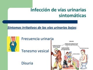 Infección de vías urinarias sintomáticas Síntomas irritativos de las vías urinarias bajas : Frecuencia urinaria Tenesmo vesical Disuria 