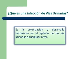 ¿Qué es una infección de Vías Urinarias? Es la colonización y desarrollo bacteriano en el epitelio de las vía urinarias a cualquier nivel. 