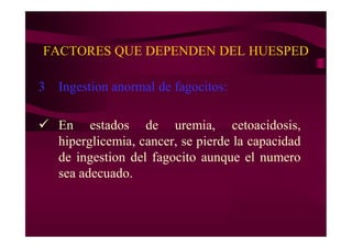 FACTORES QUE DEPENDEN DEL HUESPED
3 Ingestion anormal de fagocitos:
 En estados de uremia, cetoacidosis,
hiperglicemia, cancer, se pierde la capacidad
de ingestion del fagocito aunque el numero
sea adecuado.
 