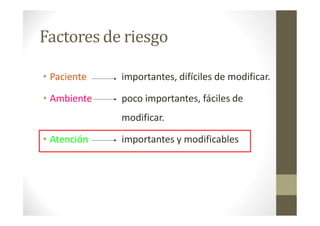 Factores de riesgo
• Paciente importantes, difíciles de modificar.
• Ambiente poco importantes, fáciles de
modificar.
• Atención importantes y modificables
 