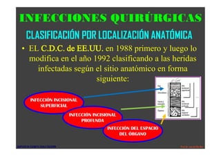 INFECCIONES QUIRÚRGICAS
CLASIFICACIÓN POR LOCALIZACIÓN ANATÓMICA
· EL C.D.C. de EE.UU. en 1988 primero y luego lo
modifica en el año 1992 clasificando a las heridas
infectadas según el sitio anatómico en forma
siguiente:
INFECCIÓN INCISIONAL
SUPERFICIAL
INFECCIÓN INCISIONAL
PROFUNDA
INFECCIÓN DEL ESPACIO
DEL ÓRGANO
ADAPTADO DE ELIZABETH ZAVALA CALDERÓN Prof.Dr. Luis del Rio Diez
 