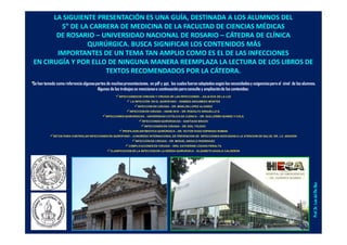 LA SIGUIENTE PRESENTACIÓN ES UNA GUÍA, DESTINADA A LOS ALUMNOS DEL
5° DE LA CARRERA DE MEDICINA DE LA FACULTAD DE CIENCIAS MÉDICAS
DE ROSARIO – UNIVERSIDAD NACIONAL DE ROSARIO – CÁTEDRA DE CLÍNICA
QUIRÚRGICA. BUSCA SIGNIFICAR LOS CONTENIDOS MÁS
IMPORTANTES DE UN TEMA TAN AMPLIO COMO ES EL DE LAS INFECCIONES
EN CIRUGÍA Y POR ELLO DE NINGUNA MANERA REEMPLAZA LA LECTURA DE LOS LIBROS DE
TEXTOS RECOMENDADOS POR LA CÁTEDRA.
*Se han tomado como referencia algunaspartes de muchaspresentaciones, en pdf y ppt, los cualesfueron adaptados según las necesidadesy exigenciaspara el nivel de los alumnos.
Algunos de los trabajos se mencionana continuación paraconsulta y ampliaciónde los contenidos:
INFECCIONESEN CIIRUGÍAY CIRUGIA DE LAS INFECCIONES– JULIAEVA DE LA LUZ
LA INFECCIÓN EN EL QUIRÓFANO – RAMSES ARGUMEDO MONTES
INFECCIONEN CIRUGIA– DR. MARLON LOPEZ ALVAREZ
INFECCIONEN CIRUGIA– UNAM 2010 – DR. RODOLFO ARGUELLOG.
INFECCIONESQUIRURGICAS– UNIVERSIDADCATÓLICADE CUENCA – DR. GUILLERMOQUINDE Y COLS.
INFECCIONESQUIRÚRGICAS– SANTIAGOBRAVO
INFECCIONESEN CIRUGIA– DR. EDILTOLEDO
PROFILAXISANTIBIOTICAQUIRÚRGICA–DR. VICTOR HUGO ESPINOZA ROMAN
RETOS PARACONTROLAR INFECCIONESEN QUIROFANO– CONGRESO INTERNACIONALDE PREVENCION DE INFECCIONESASOCIADASA LA ATENCION DE SALUD. DR. J.C. ARAGÓN
INFECCIÓNEN CIRUGIA– DR. MIGUELANGULO RODRIGUEZ
COMPLICACIONESEN CIRUGIA – DRA. KATHERINELOZANOPERALTA
CLASIFICACIONDELA INFECCIONEN LAHERIDA QUIRURGICA – ELIZABETHZAVALA CALDERON
Prof.Dr.LuisdelRioDiez
 