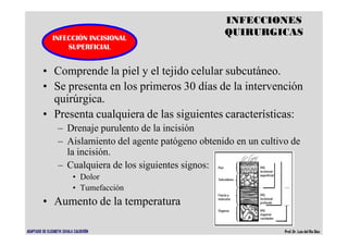 INFECCIONES
QUIRURGICAS
· Comprende la piel y el tejido celular subcutáneo.
· Se presenta en los primeros 30 días de la intervención
quirúrgica.
· Presenta cualquiera de las siguientes características:
– Drenaje purulento de la incisión
– Aislamiento del agente patógeno obtenido en un cultivo de
la incisión.
– Cualquiera de los siguientes signos:
· Dolor
· Tumefacción
· Aumento de la temperatura
INFECCIÓN INCISIONAL
SUPERFICIAL
ADAPTADO DE ELIZABETH ZAVALA CALDERÓN Prof.Dr. Luis del Rio Diez
 